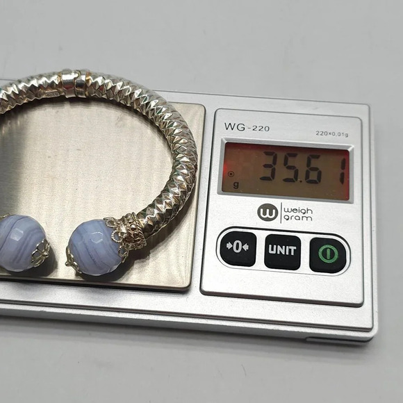 Sterling Silver Blue Lace Agate Cuff Bracelet 925 Vintage Waffle Texture - Picture 6 of 6